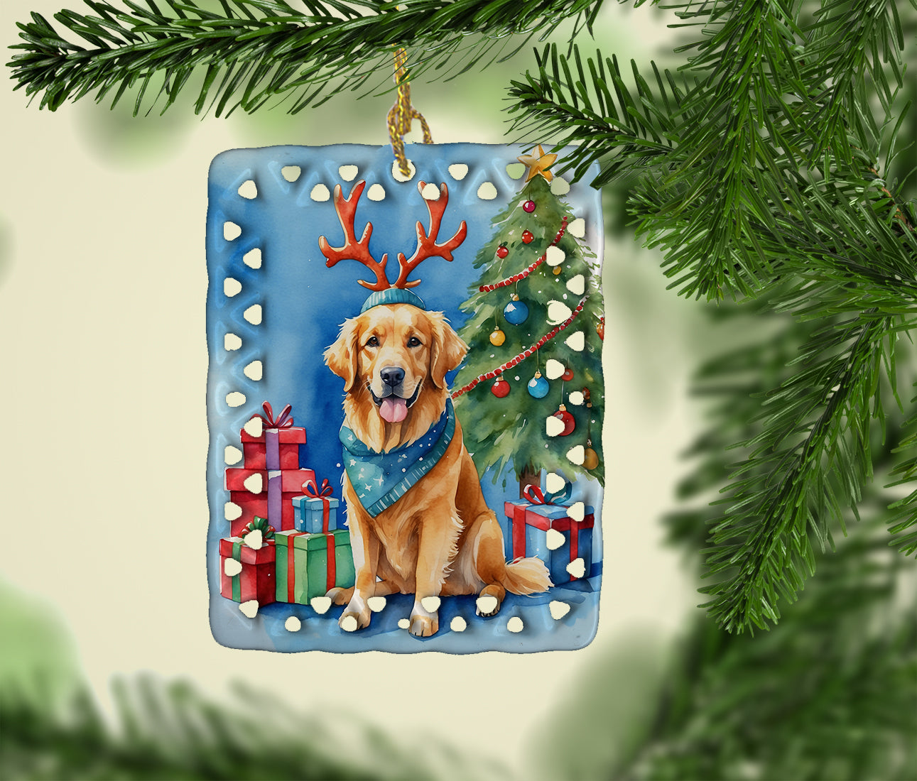 Golden Retriever Christmas Reindeer Porcelain Ornament