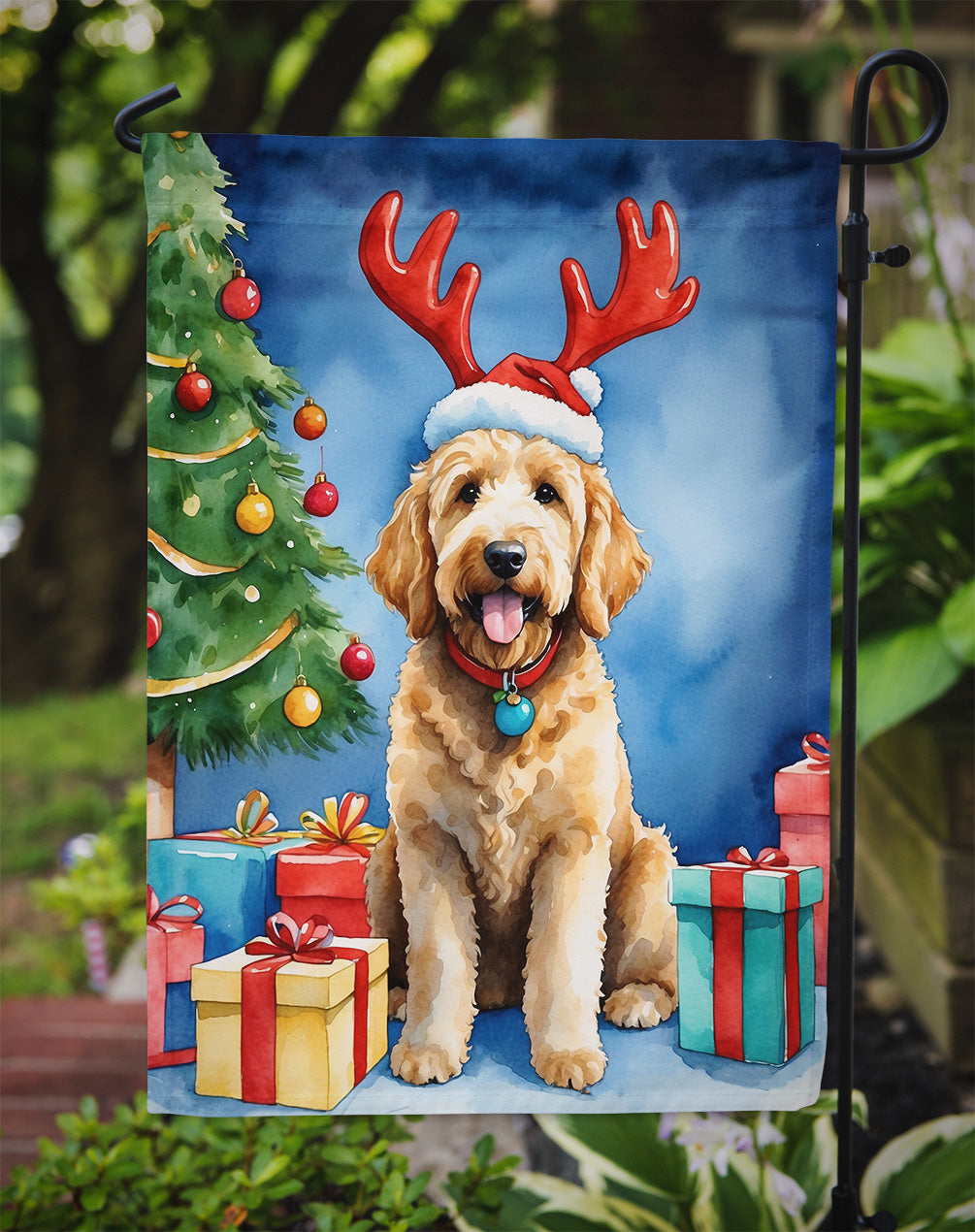 Goldendoodle Christmas Reindeer Garden Flag