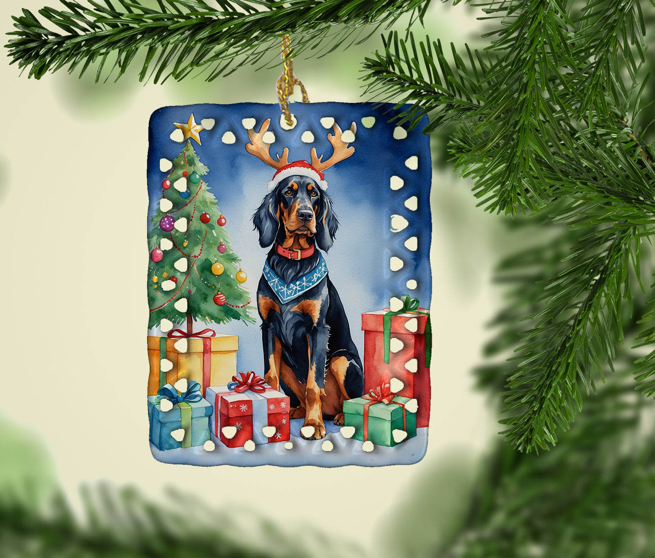 Gordon Setter Christmas Reindeer Porcelain Ornament