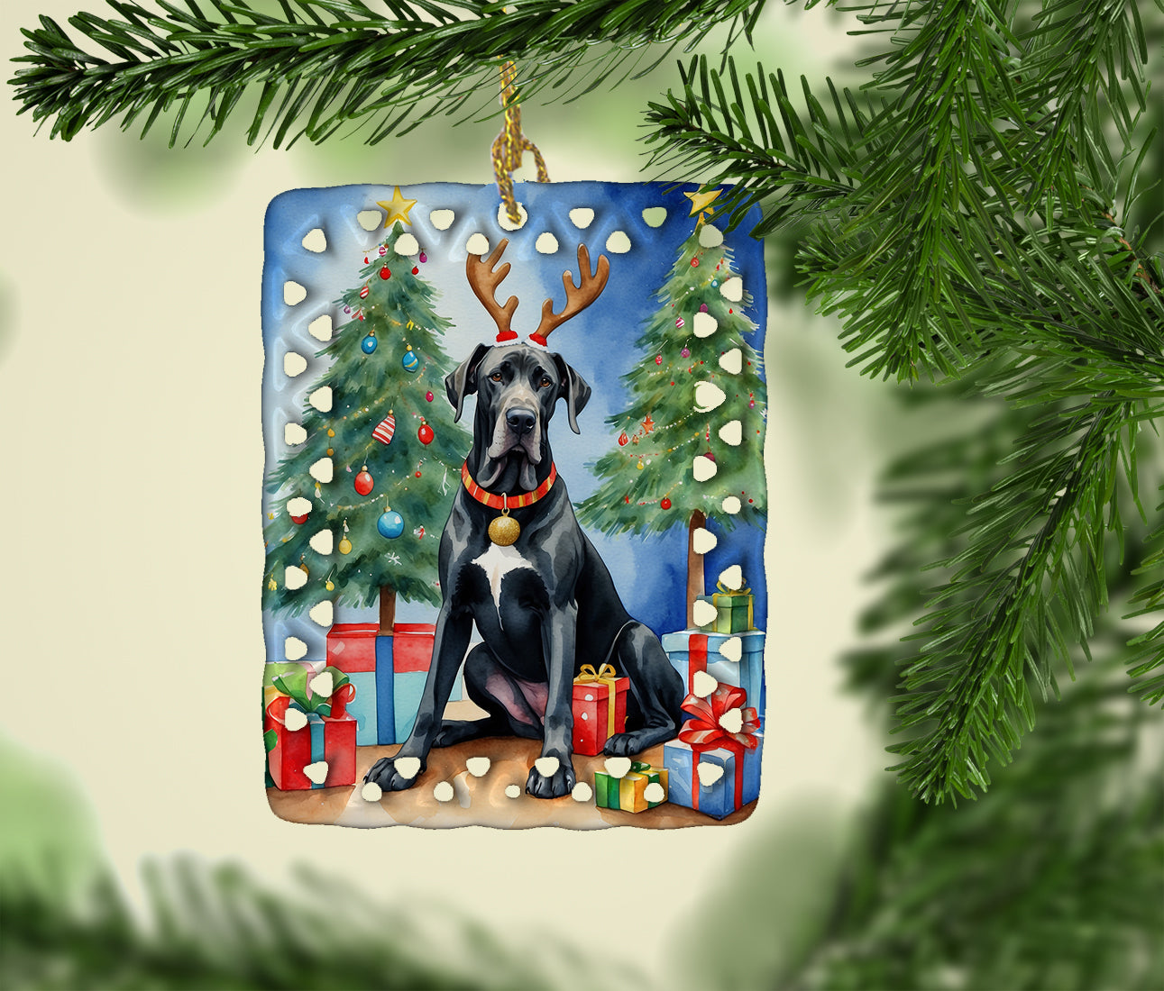 Black Great Dane Christmas Reindeer Porcelain Ornament