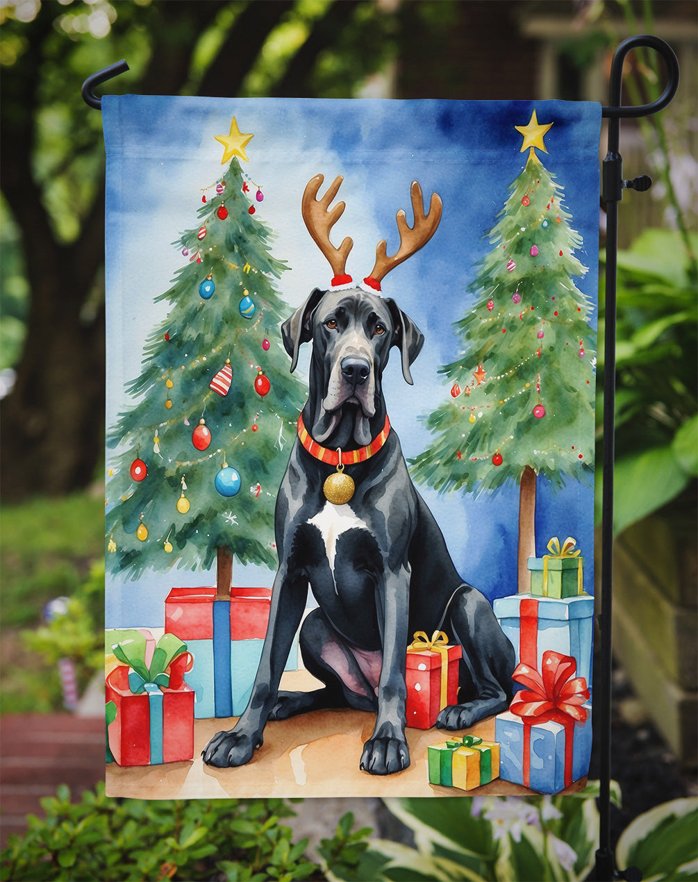 Black Great Dane Christmas Reindeer Garden Flag