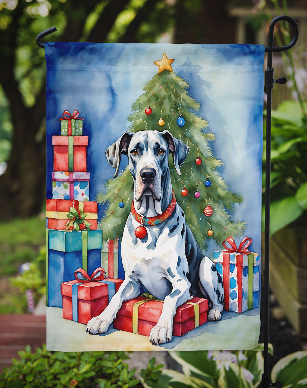 Harlequin Great Dane Christmas Reindeer Garden Flag