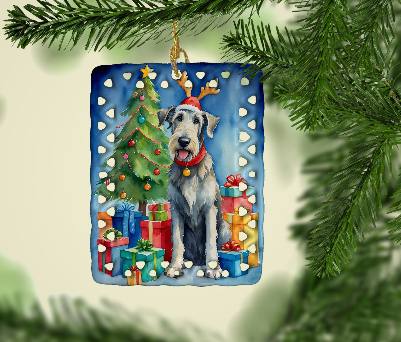 Irish Wolfhound Christmas Reindeer Porcelain Ornament