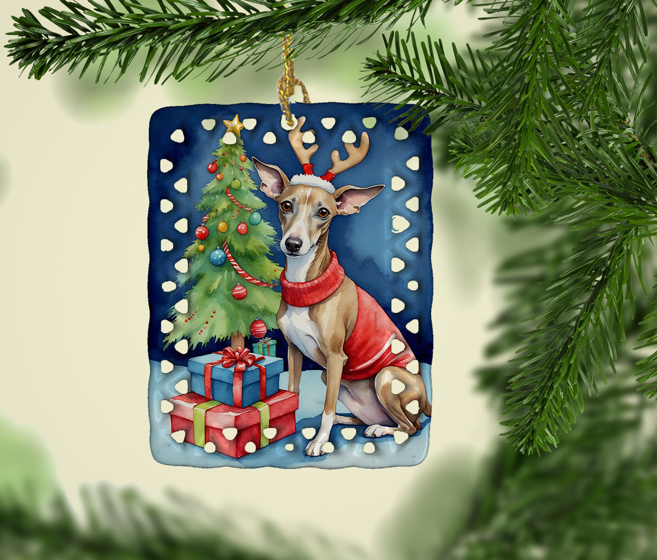 Italian Greyhound Christmas Reindeer Porcelain Ornament