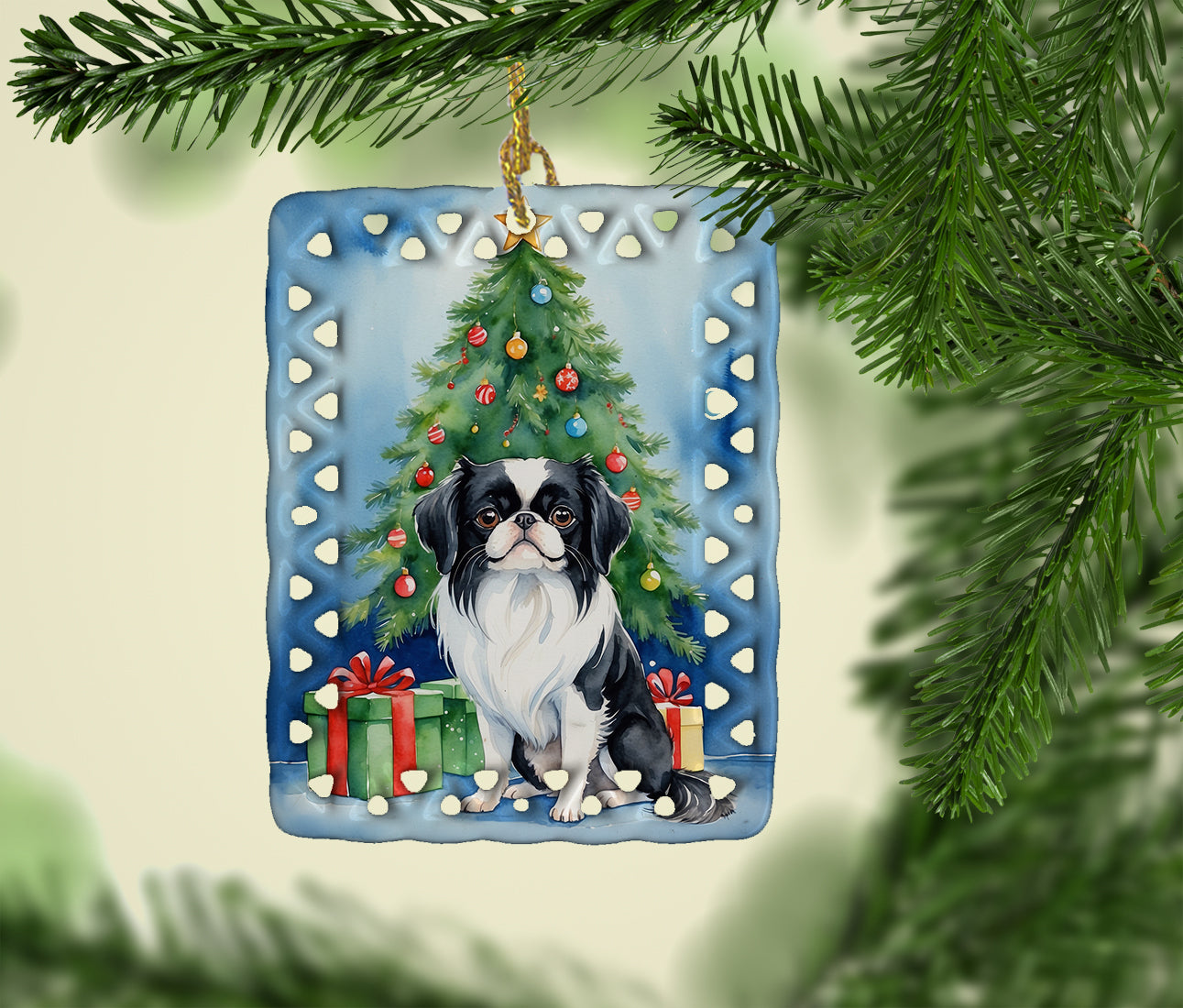 Japanese Chin Christmas Reindeer Porcelain Ornament