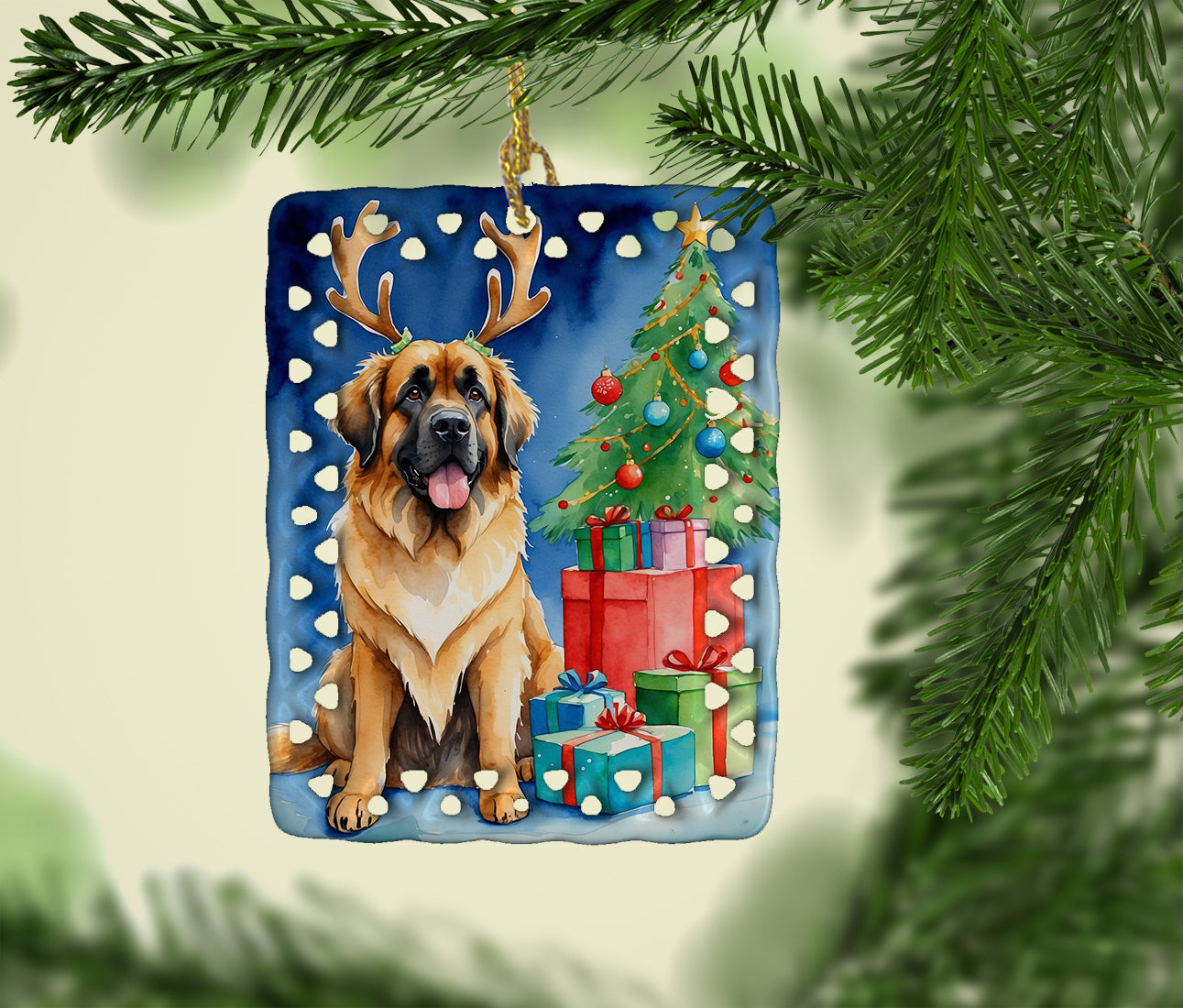 Leonberger Christmas Reindeer Porcelain Ornament