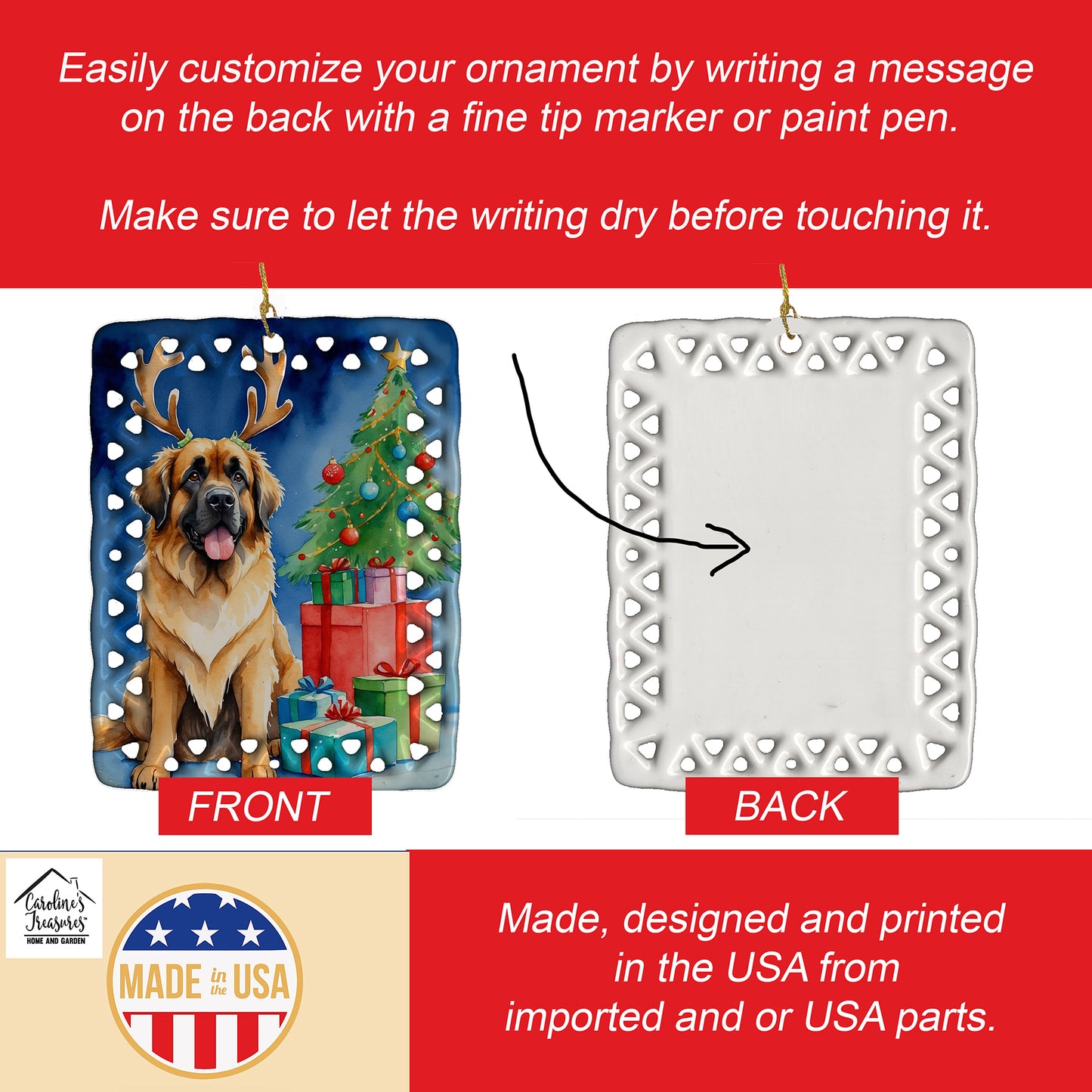 Leonberger Christmas Reindeer Porcelain Ornament