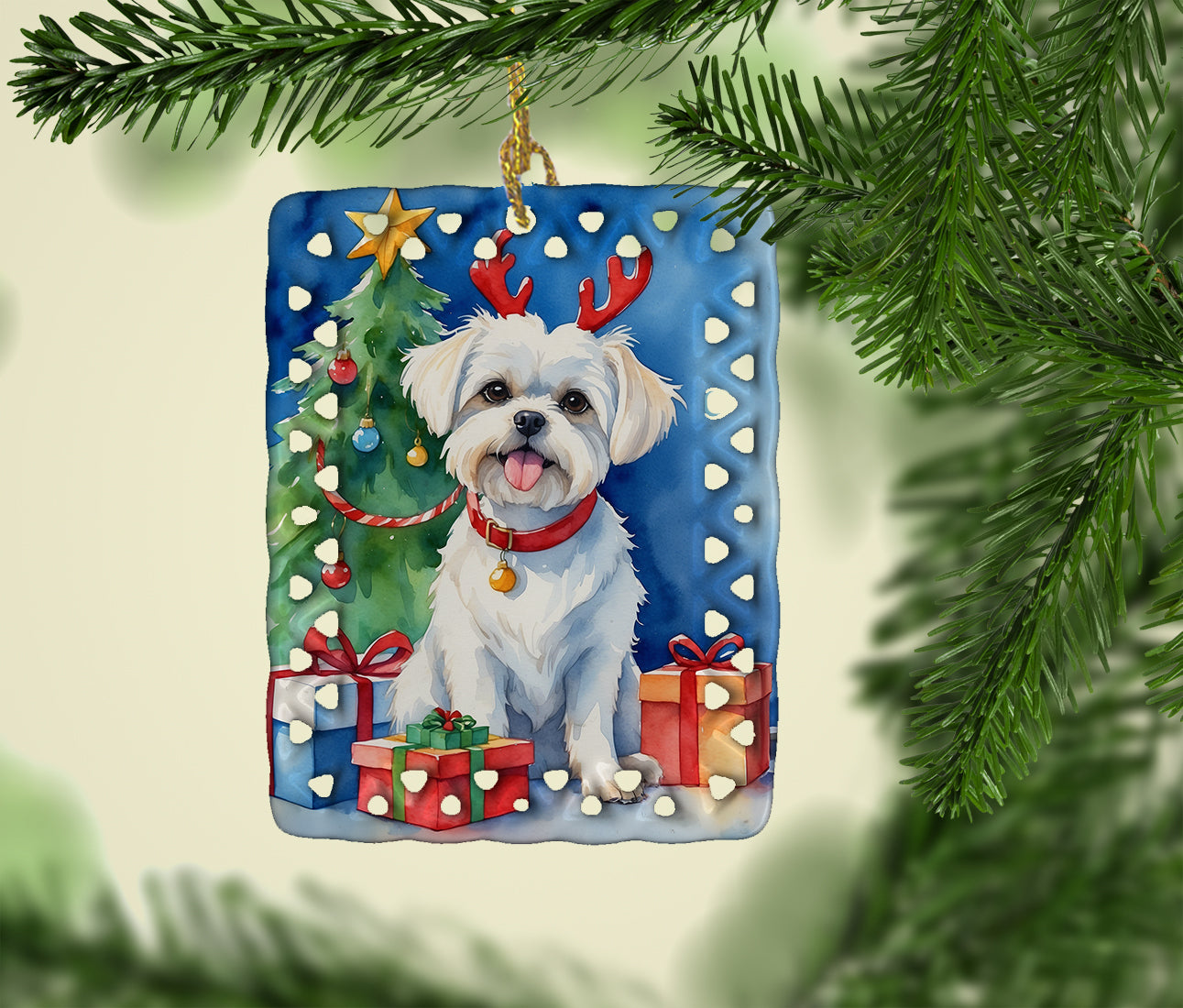 Maltese Christmas Reindeer Porcelain Ornament