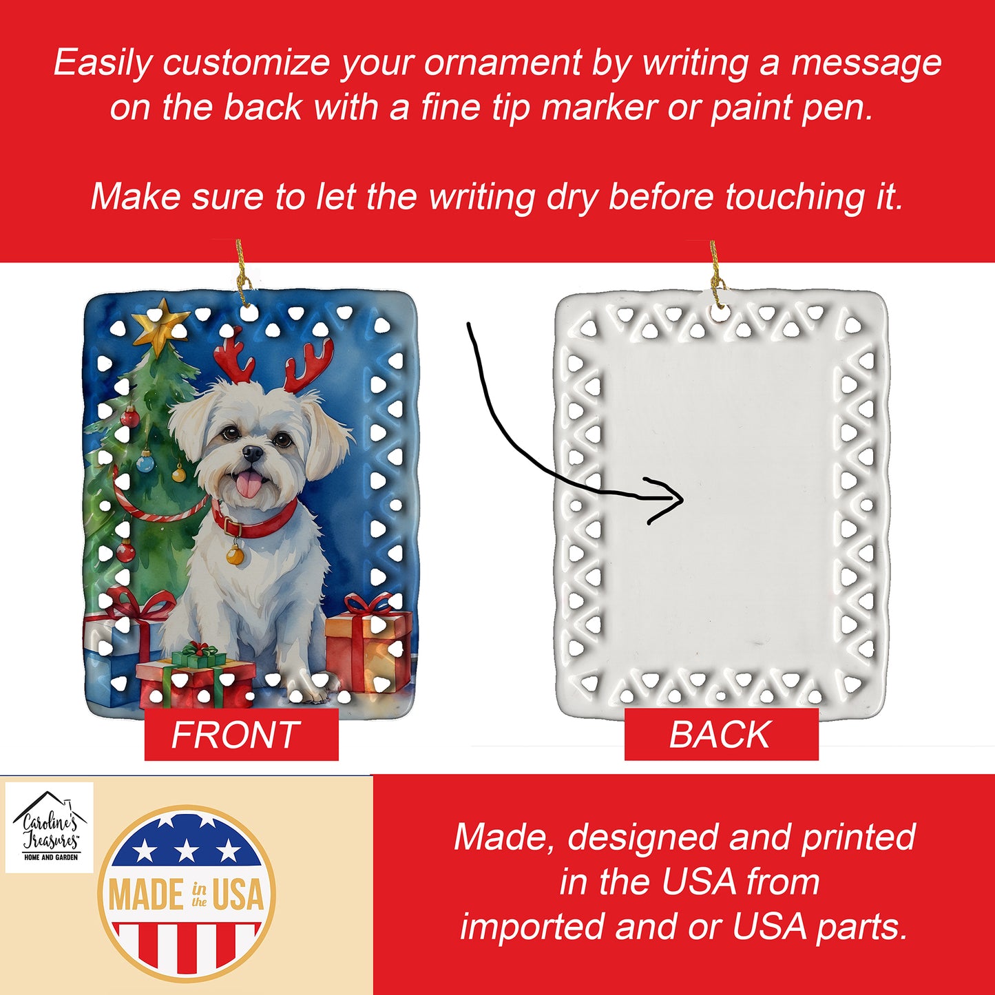 Maltese Christmas Reindeer Porcelain Ornament