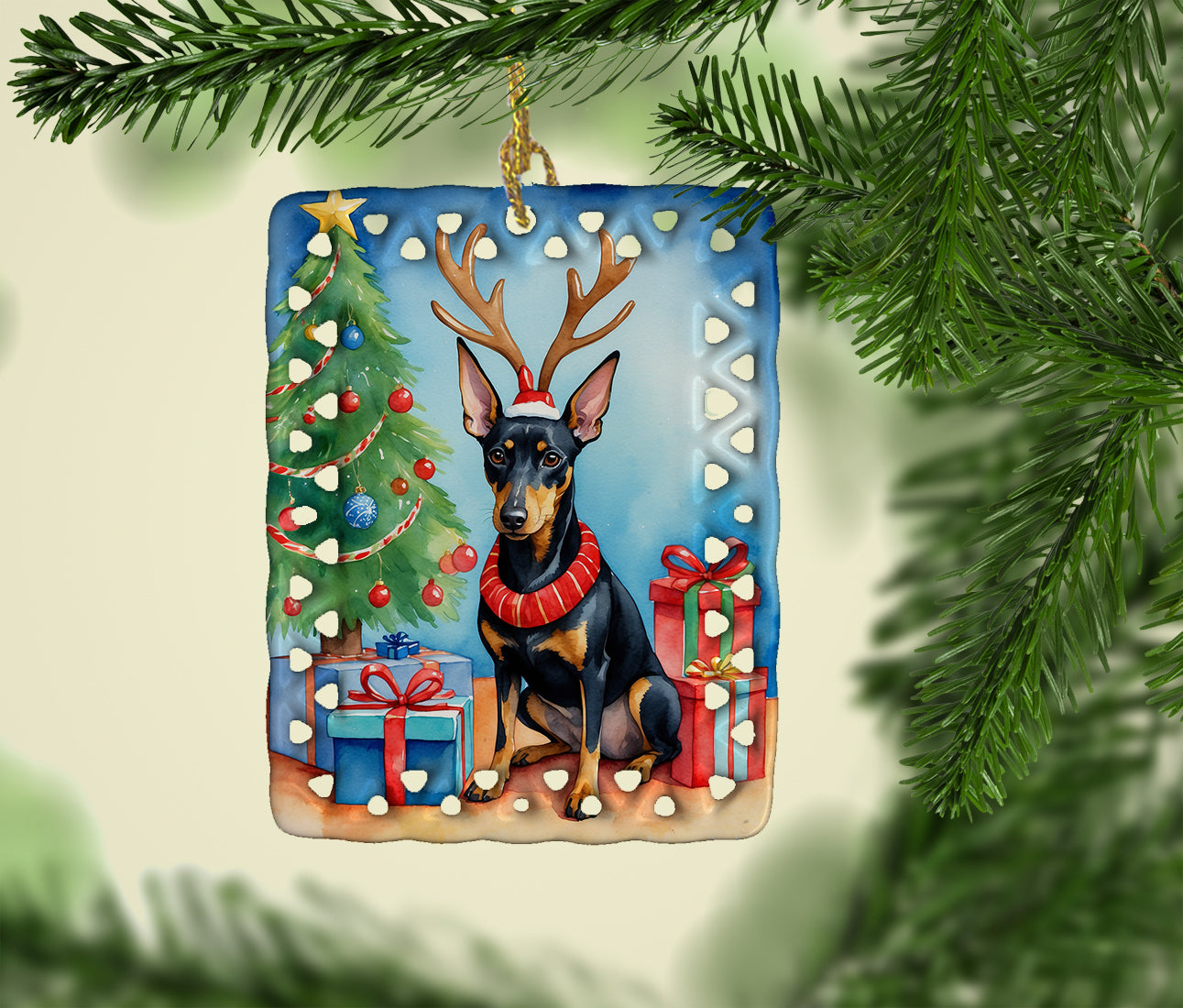 Manchester Terrier Christmas Reindeer Porcelain Ornament