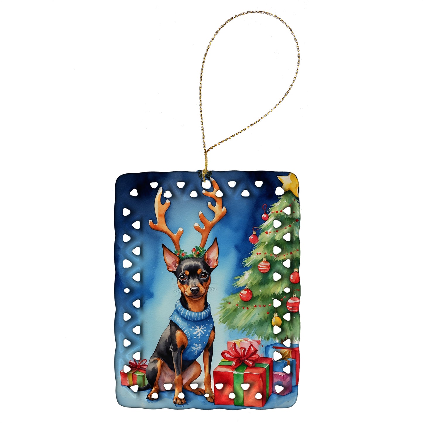 Buy this Miniature Pinscher Christmas Reindeer Porcelain Ornament