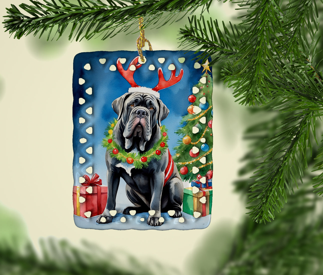 Neapolitan Mastiff Christmas Reindeer Porcelain Ornament