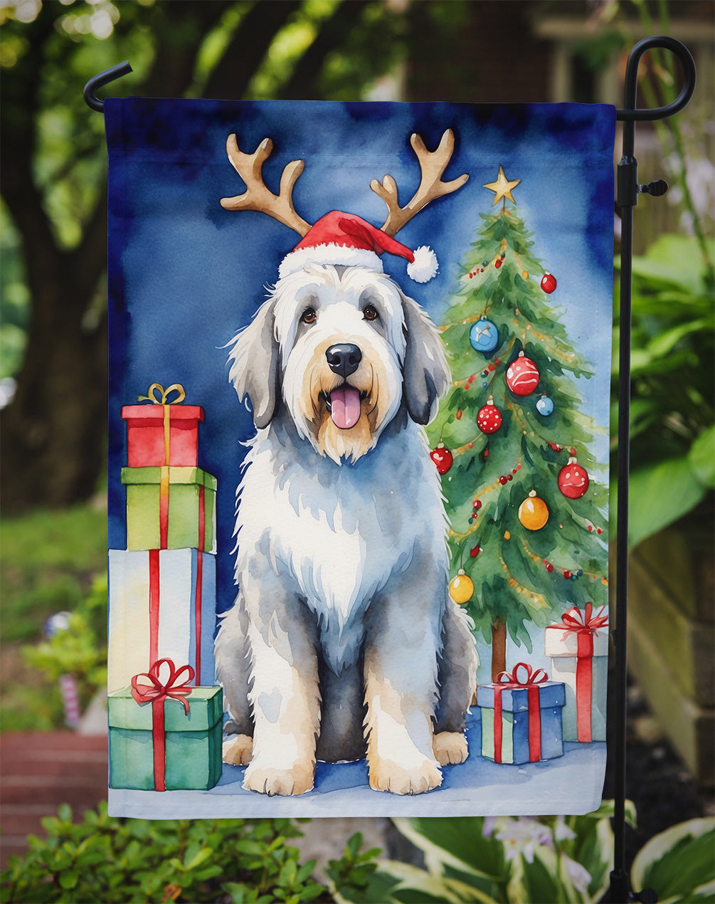 Old English Sheepdog Christmas Reindeer Garden Flag