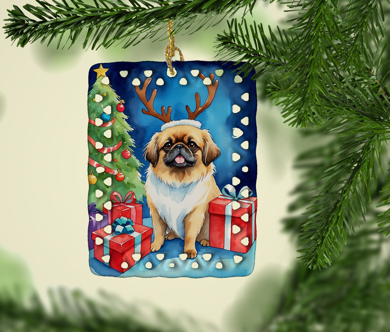 Pekingese Christmas Reindeer Porcelain Ornament