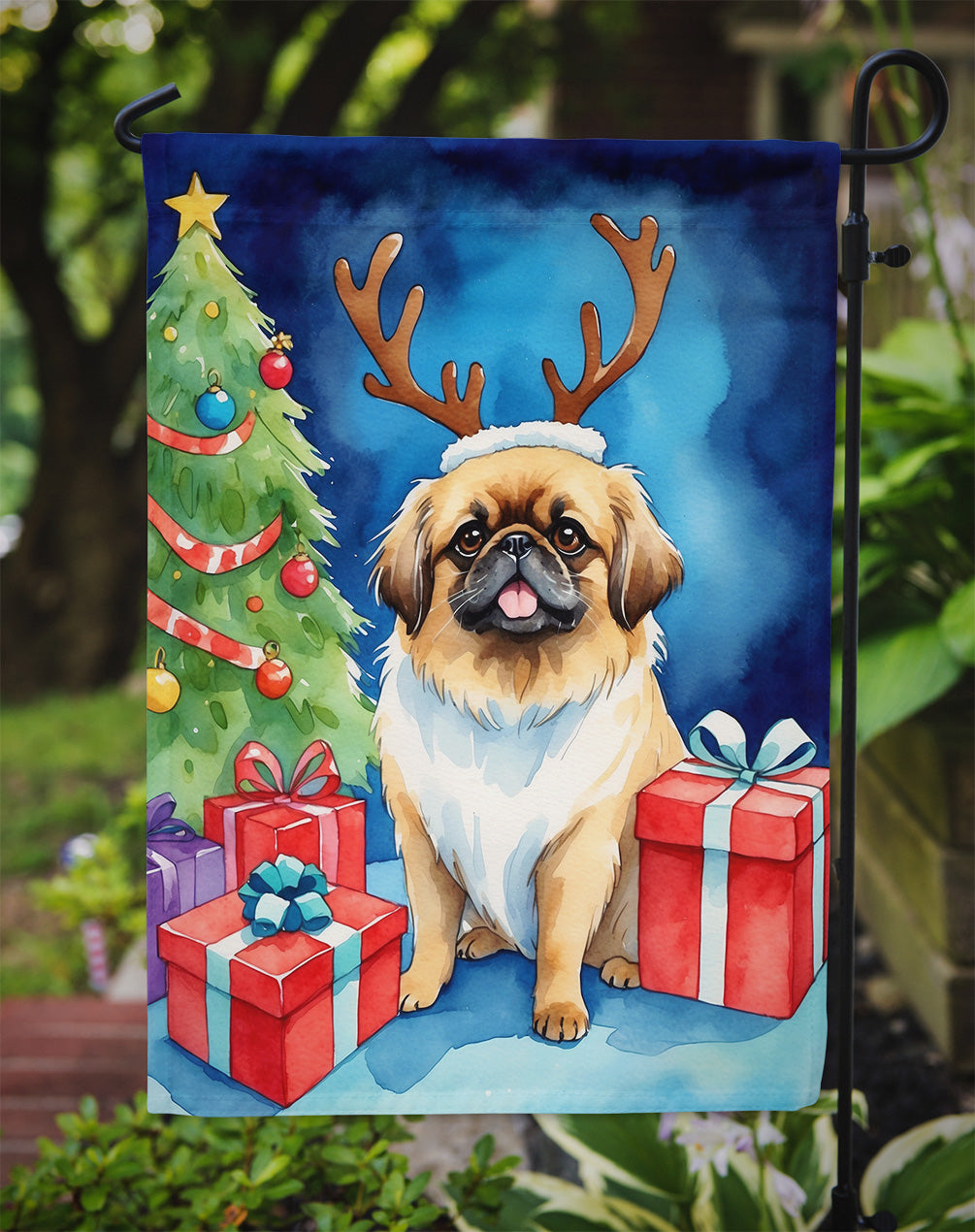 Pekingese Christmas Reindeer Garden Flag