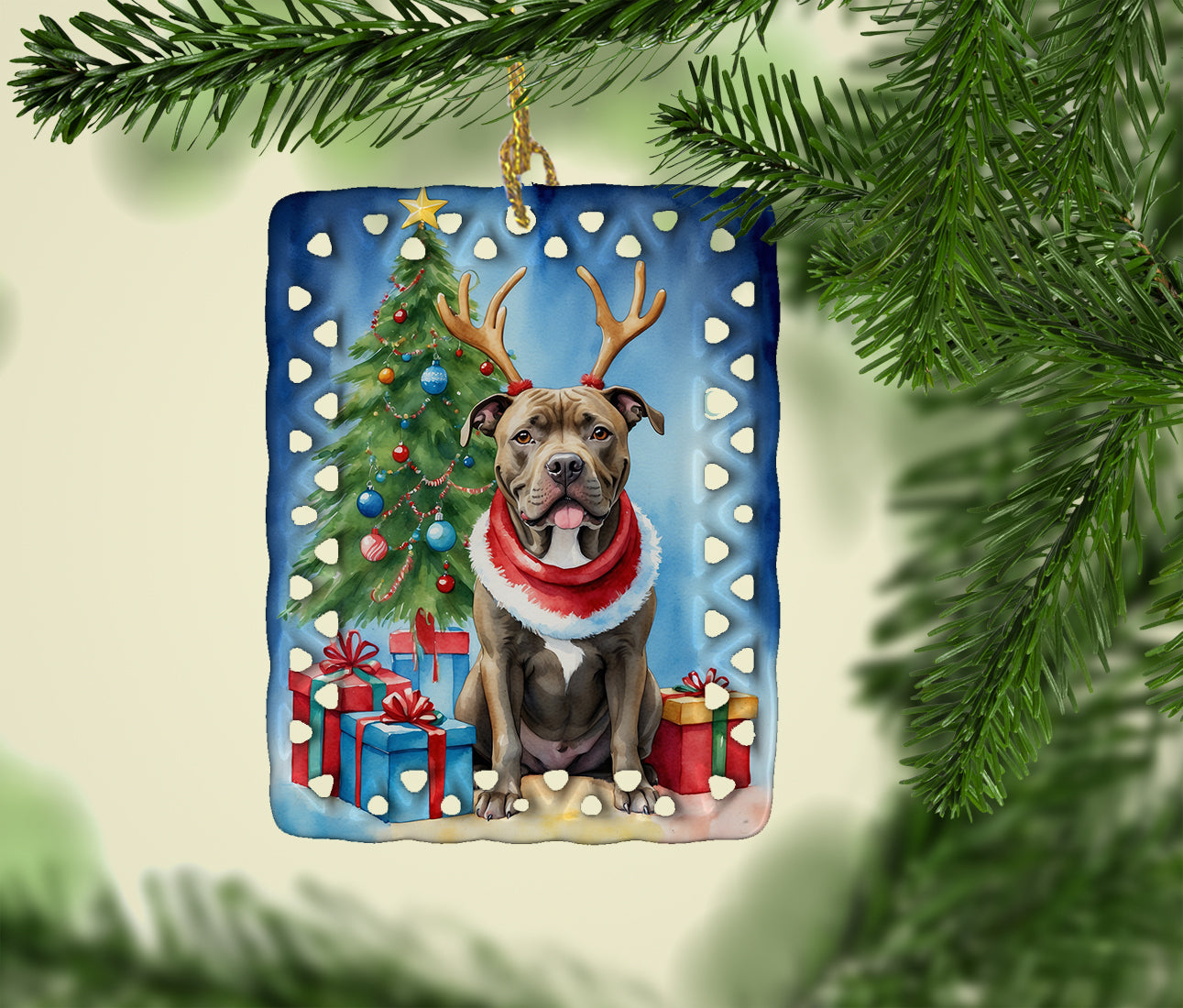 Pit Bull Terrier Christmas Reindeer Porcelain Ornament