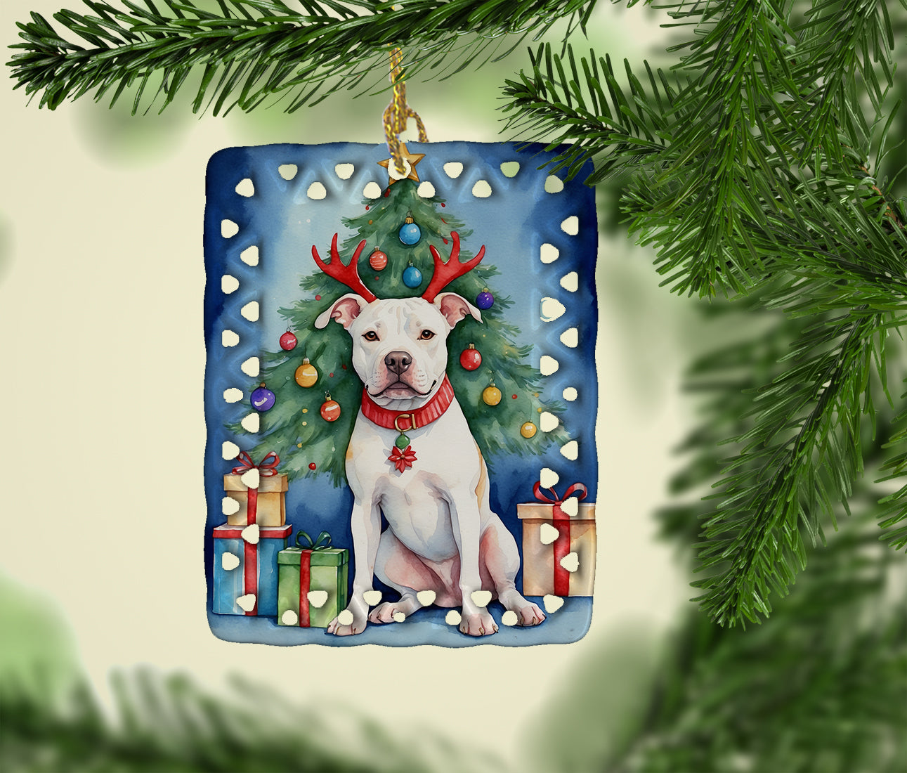 Pit Bull Terrier Christmas Reindeer Porcelain Ornament