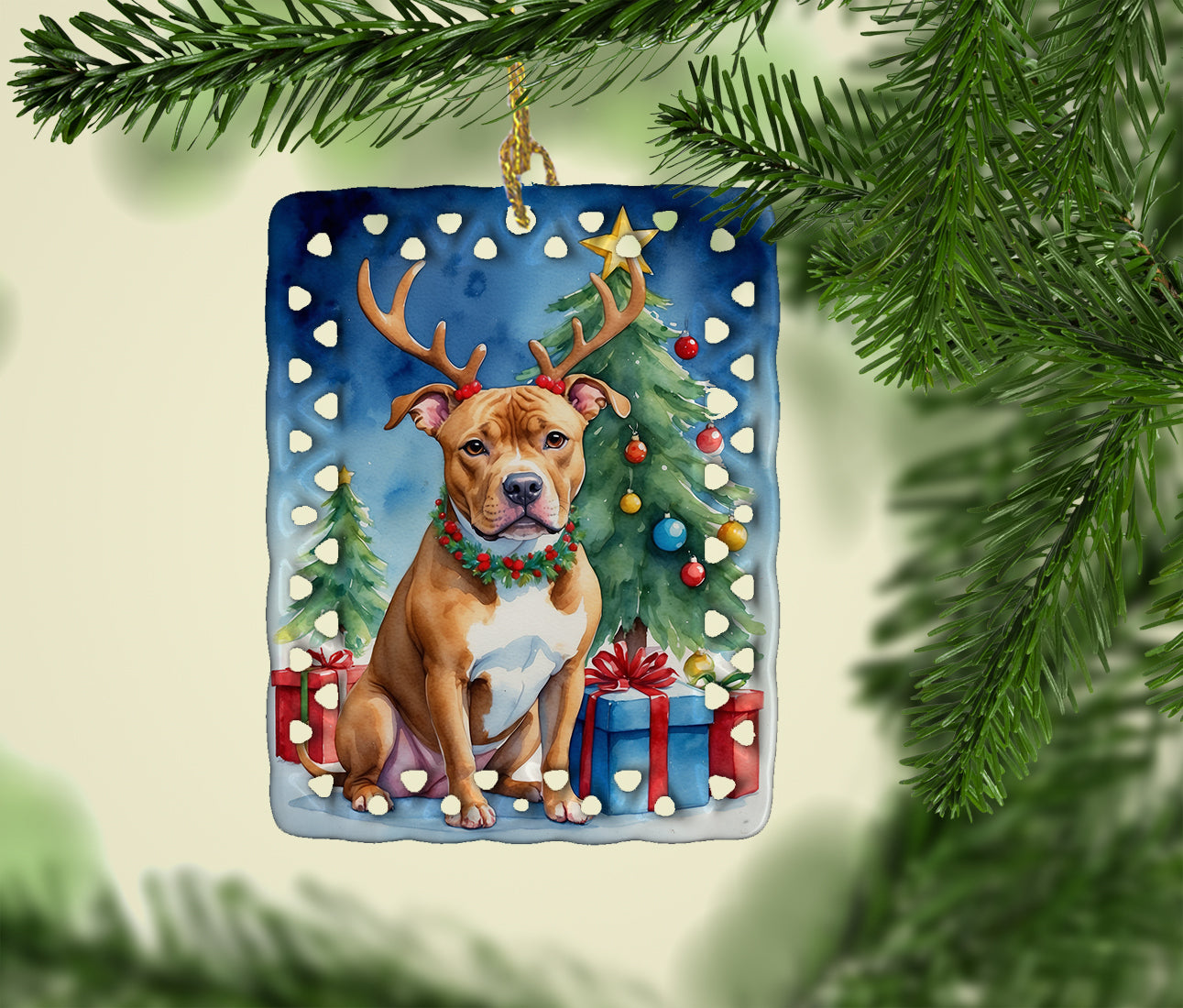 Pit Bull Terrier Christmas Reindeer Porcelain Ornament