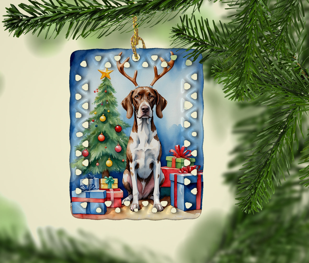 Pointer Christmas Reindeer Porcelain Ornament