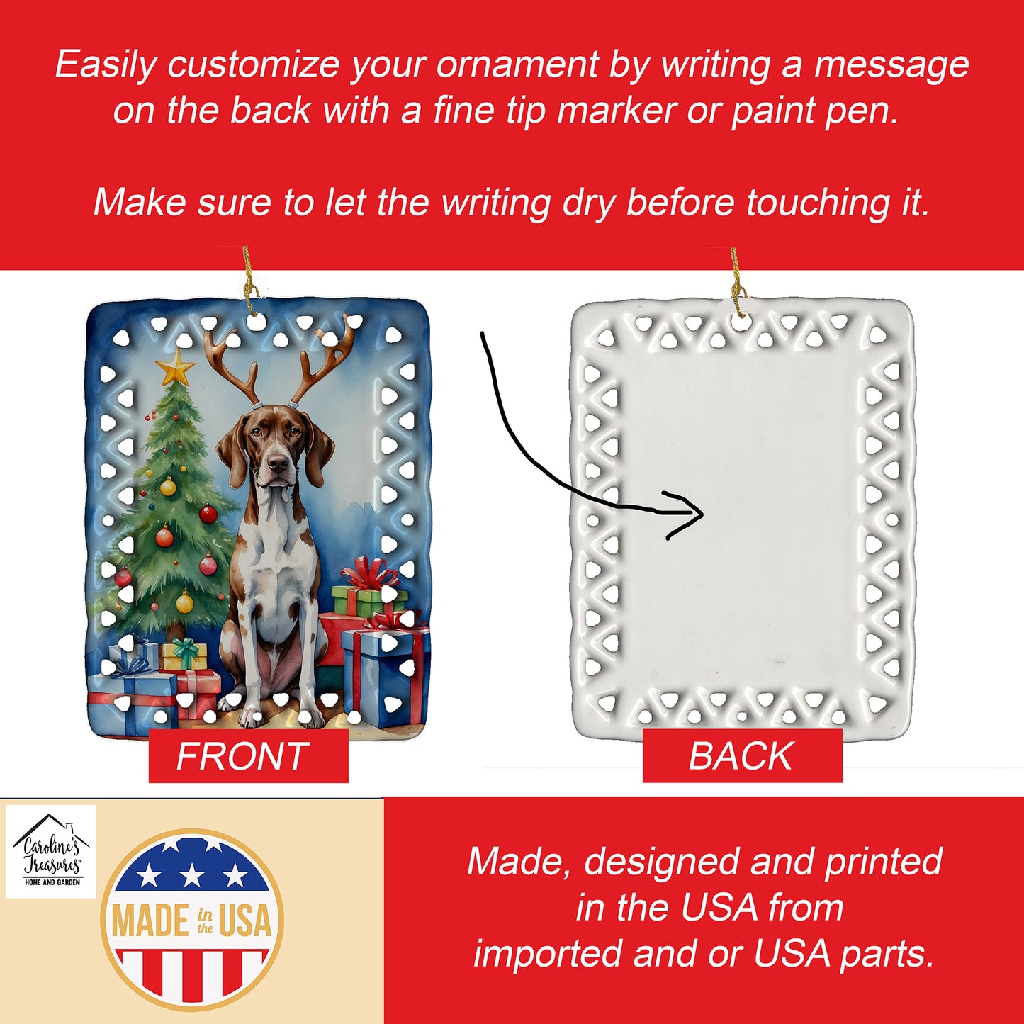 Pointer Christmas Reindeer Porcelain Ornament