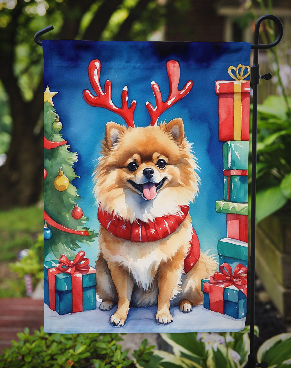 Pomeranian Christmas Reindeer Garden Flag