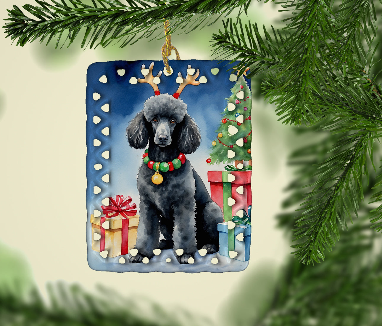 Black Standard Poodle Christmas Reindeer Porcelain Ornament