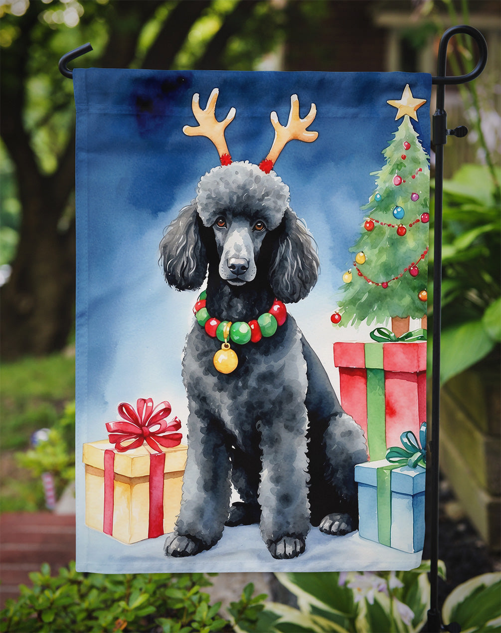 Black Standard Poodle Christmas Reindeer Garden Flag