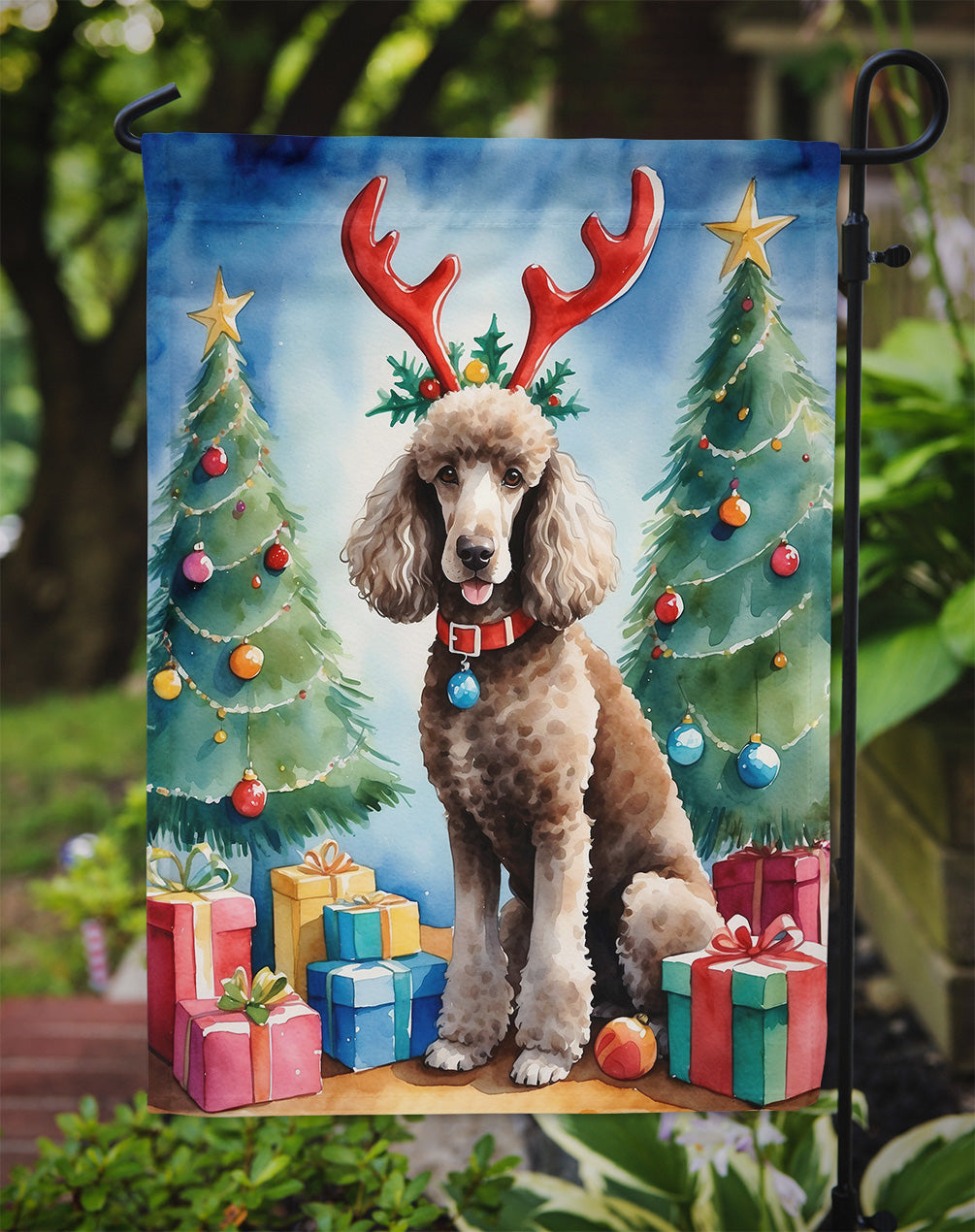 Chocolate Standard Poodle Christmas Reindeer Garden Flag