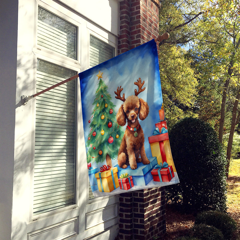 Chocolate Toy Poodle Christmas Reindeer House Flag