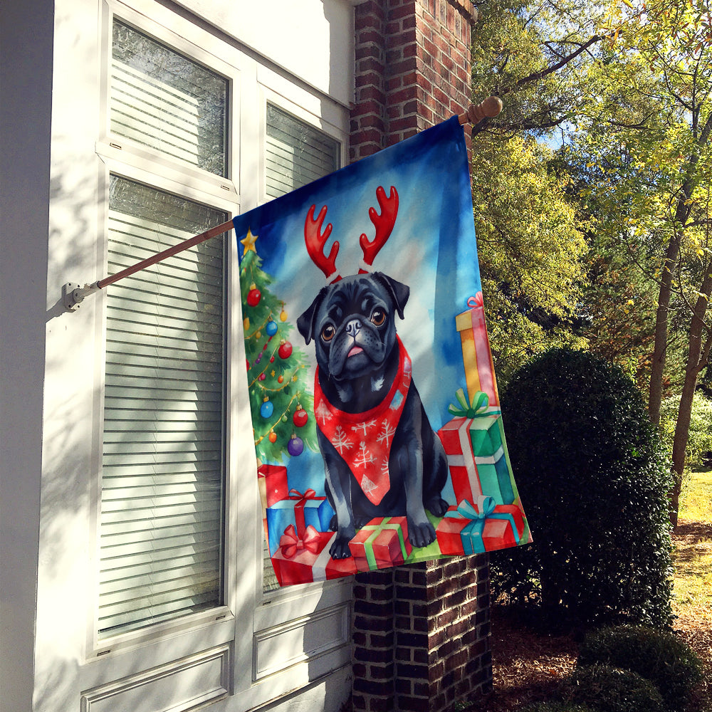 Black Pug Christmas Reindeer House Flag
