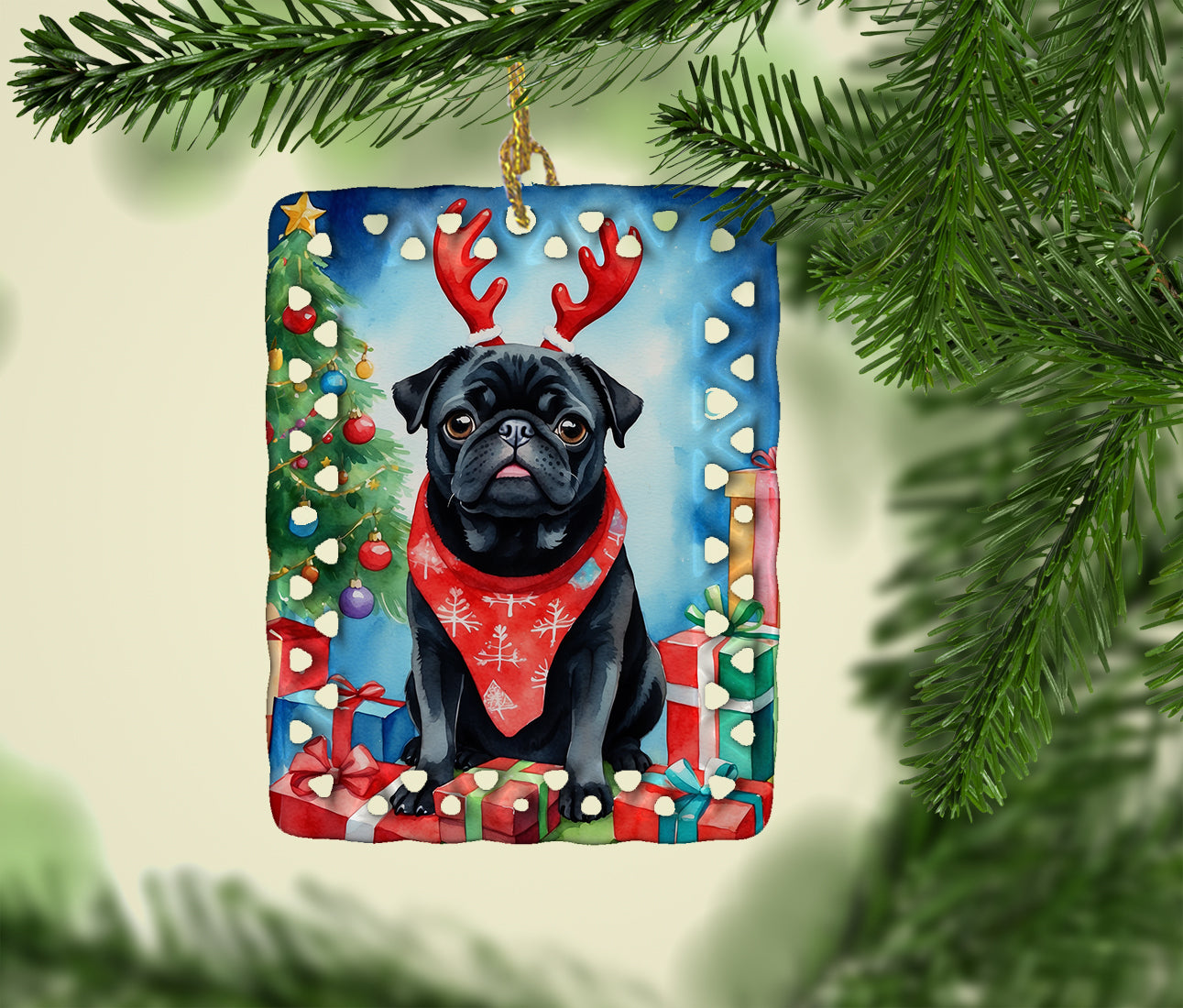 Black Pug Christmas Reindeer Porcelain Ornament