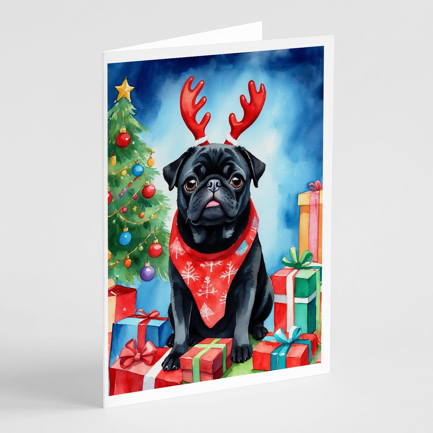 Buy this Black Pug Christmas Reindeer Greeting Cards Pack of 8