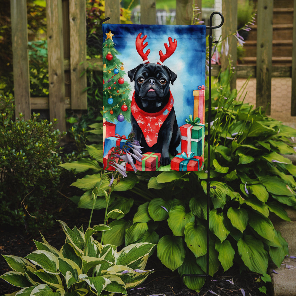 Black Pug Christmas Reindeer Garden Flag