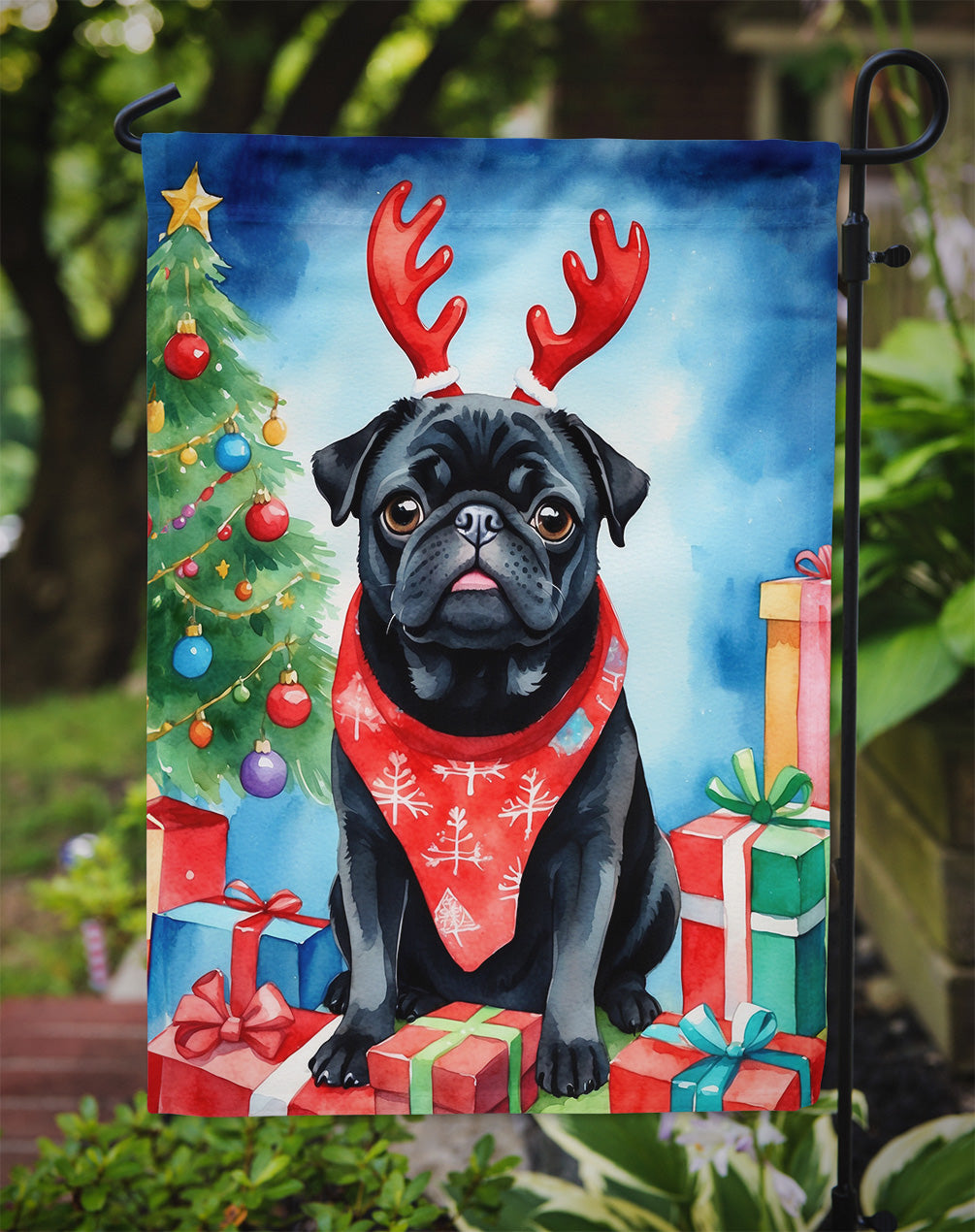 Black Pug Christmas Reindeer Garden Flag