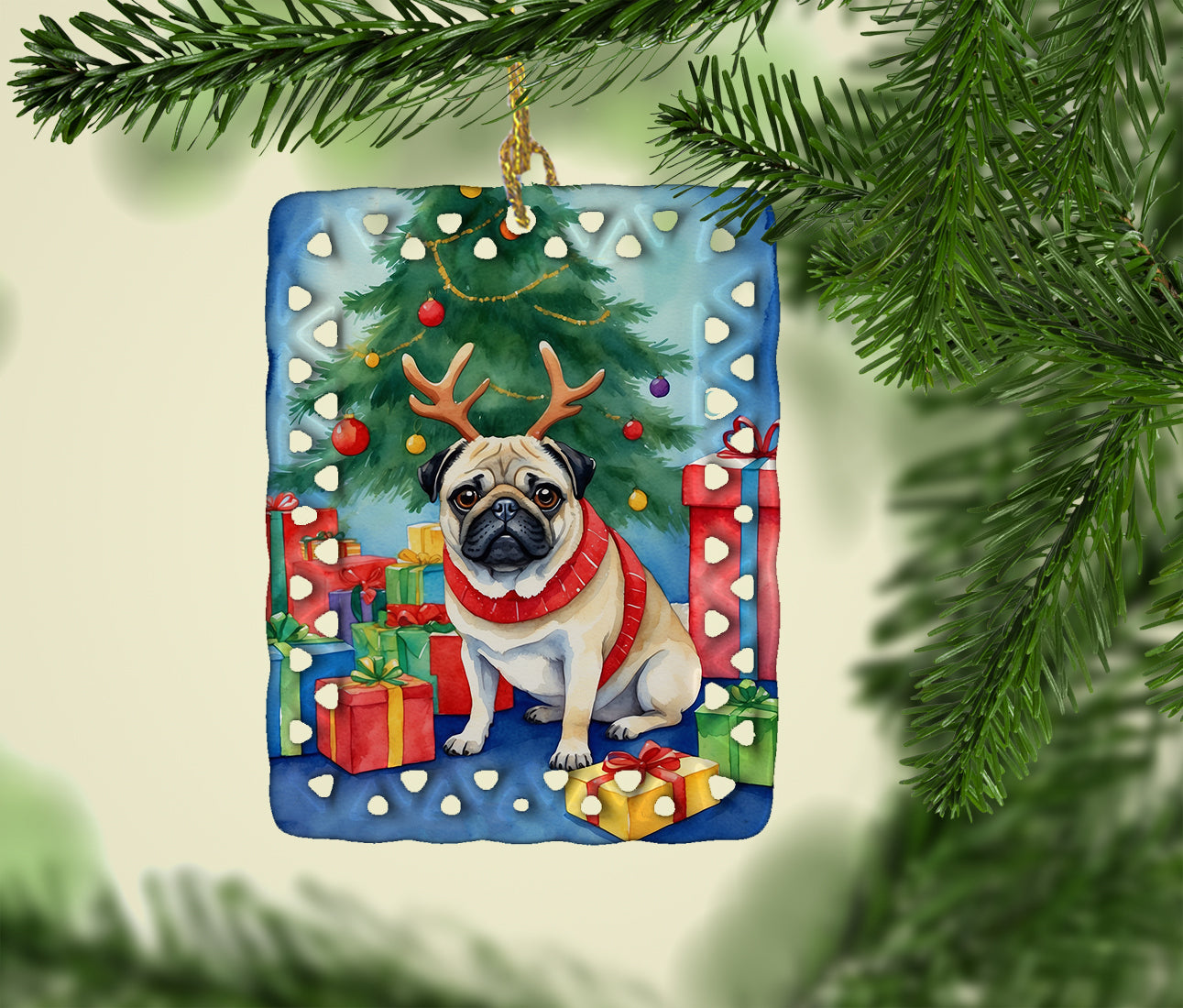 Pug Christmas Reindeer Porcelain Ornament