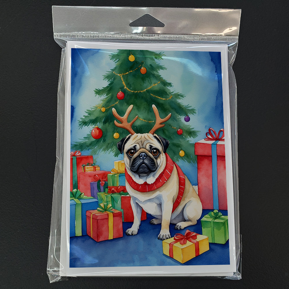 Pug Christmas Reindeer Greeting Cards Pack of 8