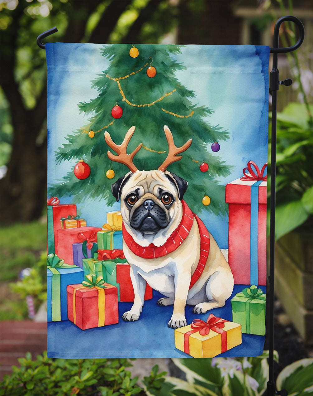 Pug Christmas Reindeer Garden Flag