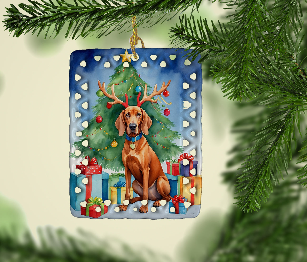 Redbone Coonhound Christmas Reindeer Porcelain Ornament