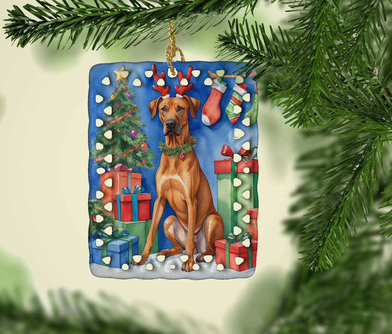 Rhodesian Ridgeback Christmas Reindeer Porcelain Ornament