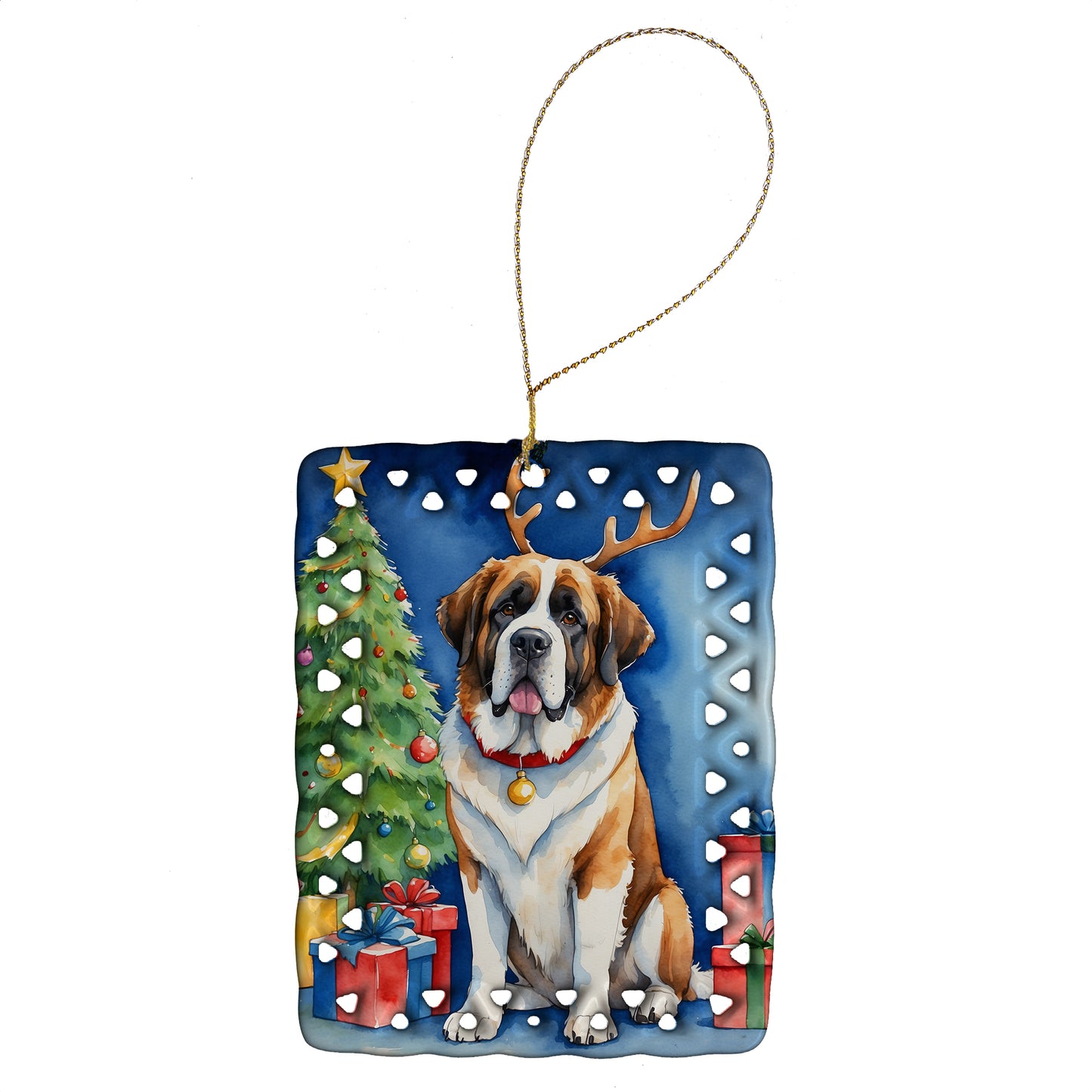 Buy this Saint Bernard Christmas Reindeer Porcelain Ornament