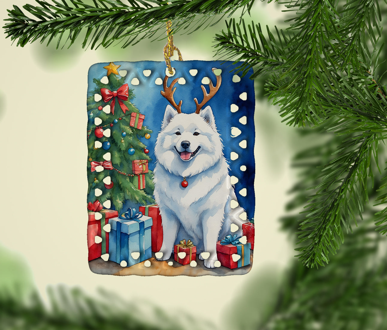 Samoyed Christmas Reindeer Porcelain Ornament