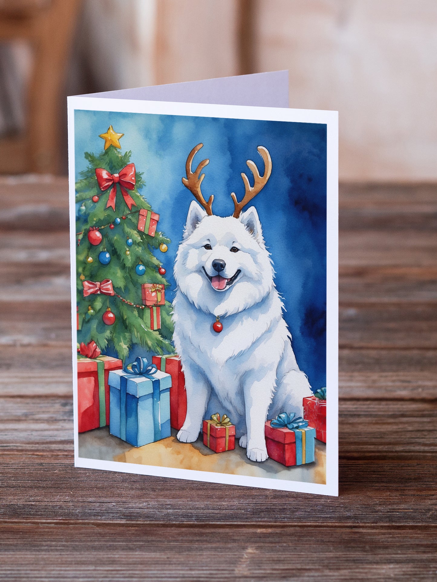 Samoyed Christmas Reindeer Greeting Cards Pack of 8