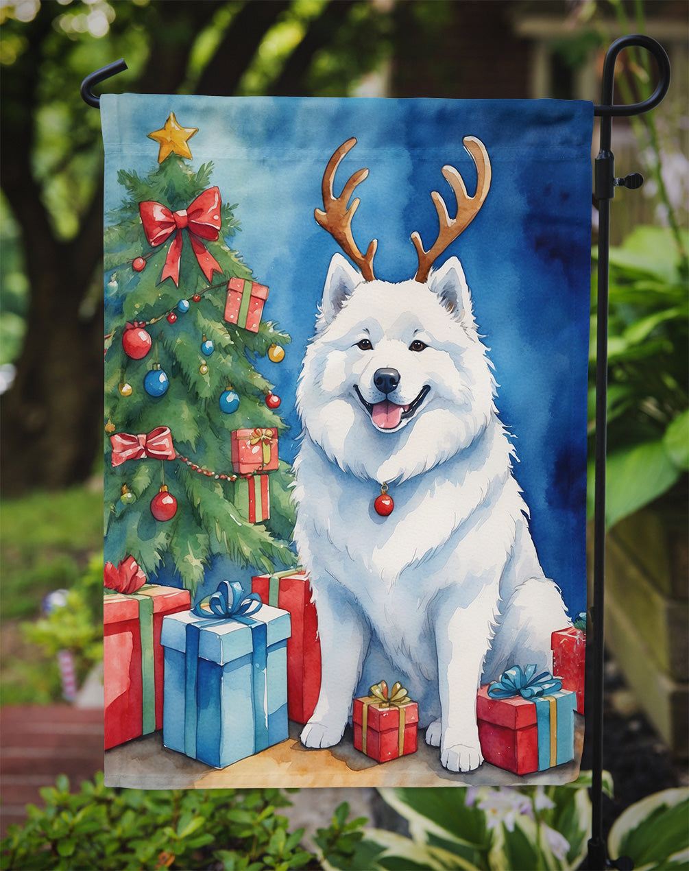 Samoyed Christmas Reindeer Garden Flag