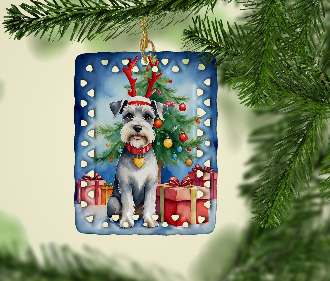 Schnauzer Christmas Reindeer Porcelain Ornament