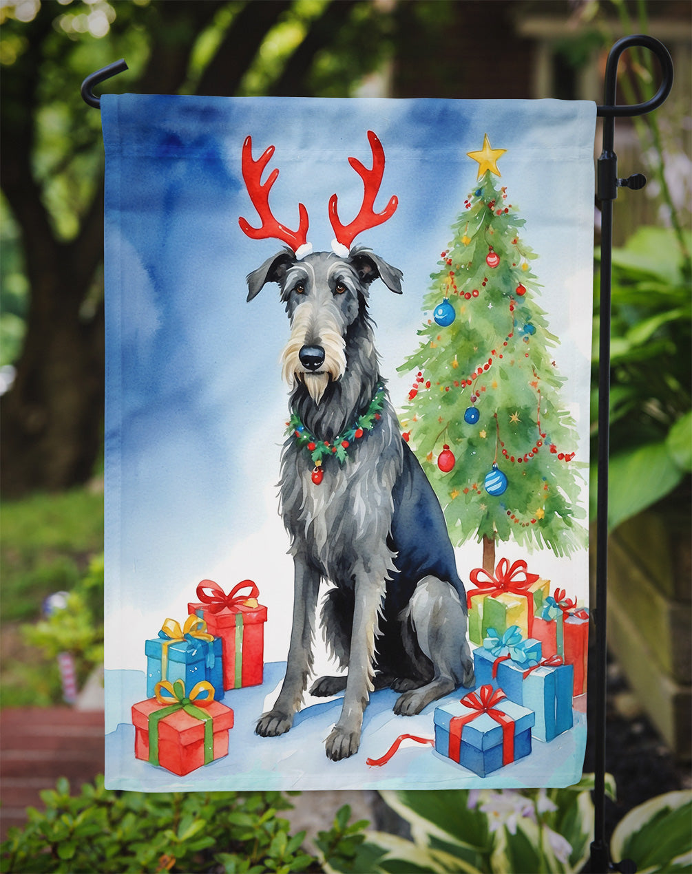 Scottish Deerhound Christmas Reindeer Garden Flag