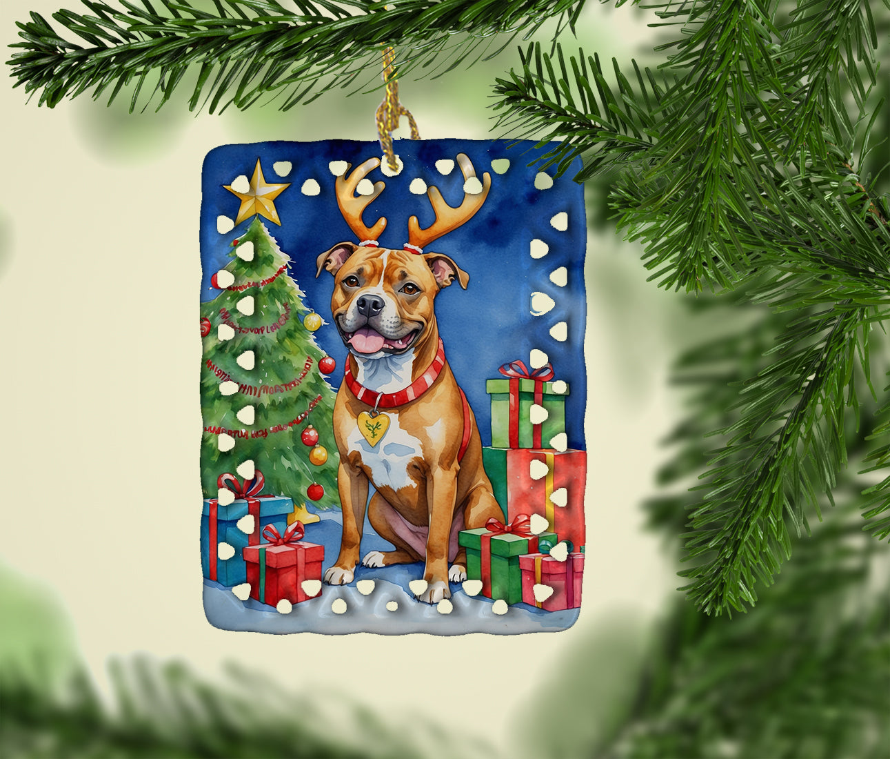 Staffordshire Bull Terrier Christmas Reindeer Porcelain Ornament