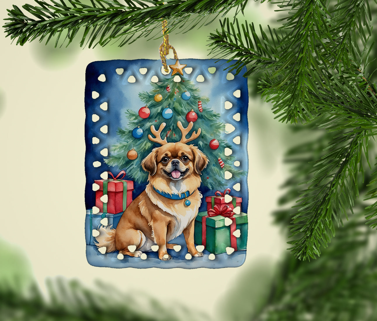 Tibetan Spaniel Christmas Reindeer Porcelain Ornament