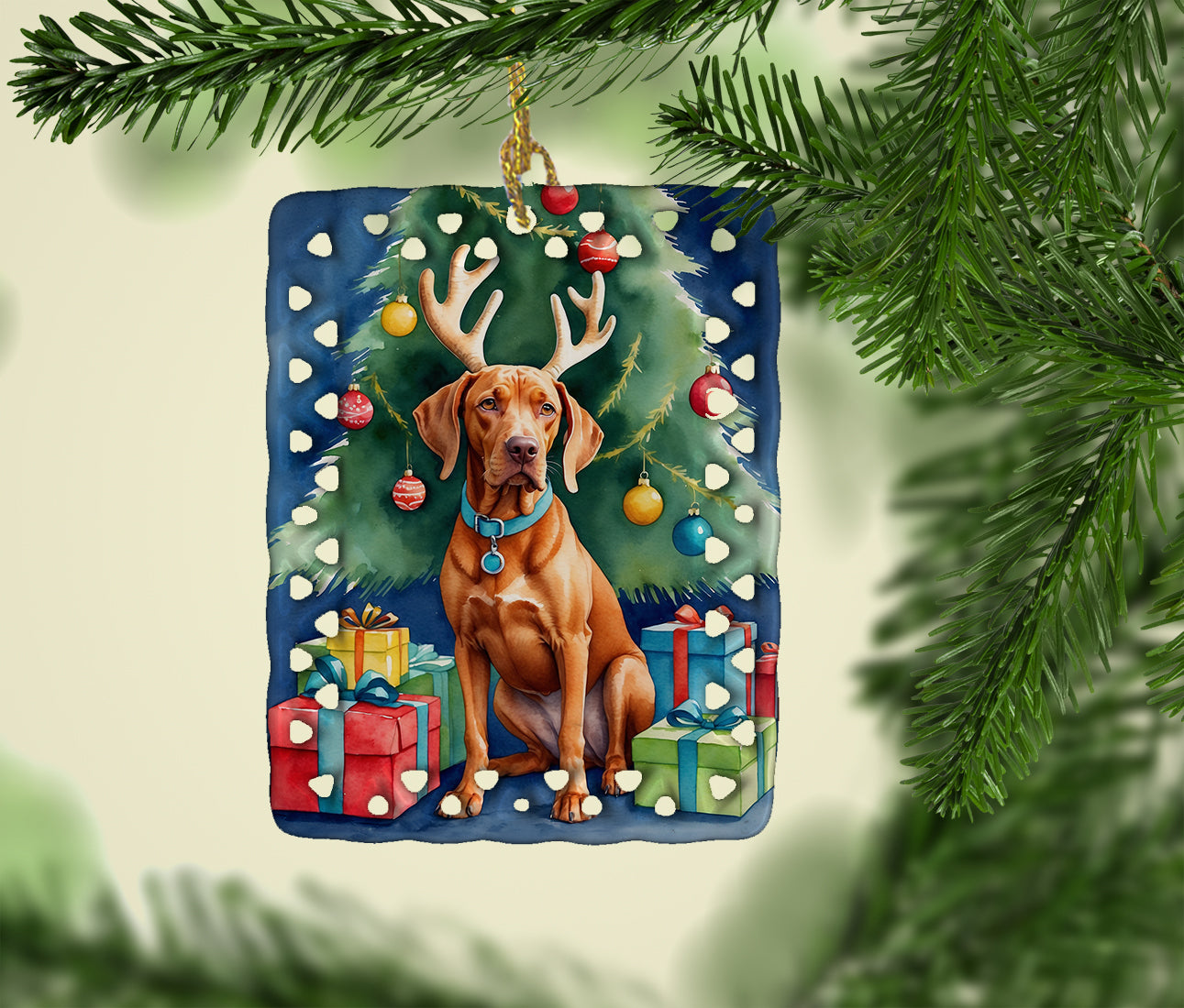 Vizsla Christmas Reindeer Porcelain Ornament