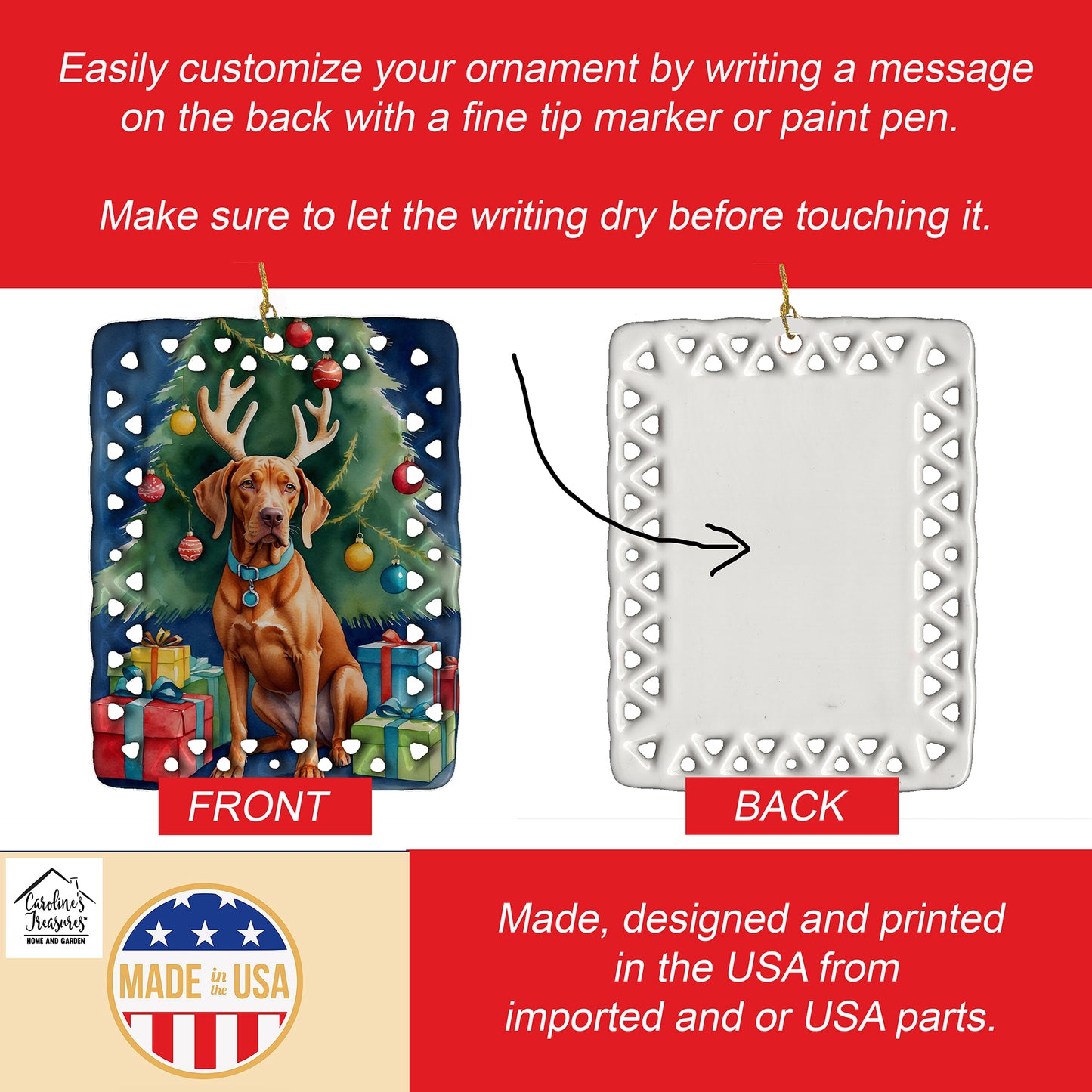 Vizsla Christmas Reindeer Porcelain Ornament