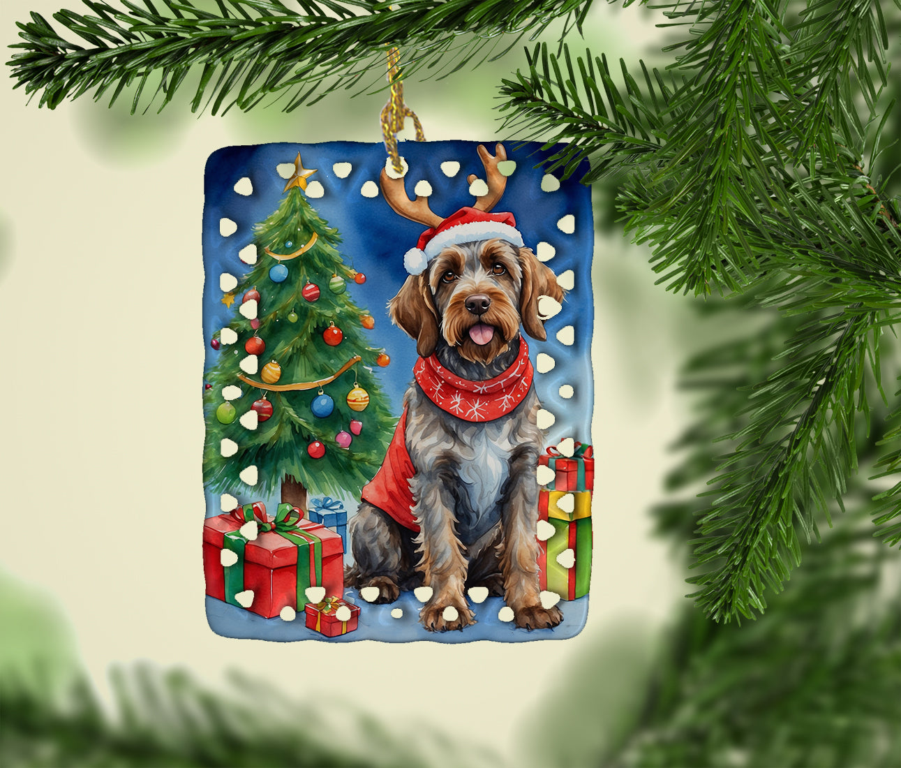 Wirehaired Pointing Griffon Christmas Reindeer Porcelain Ornament